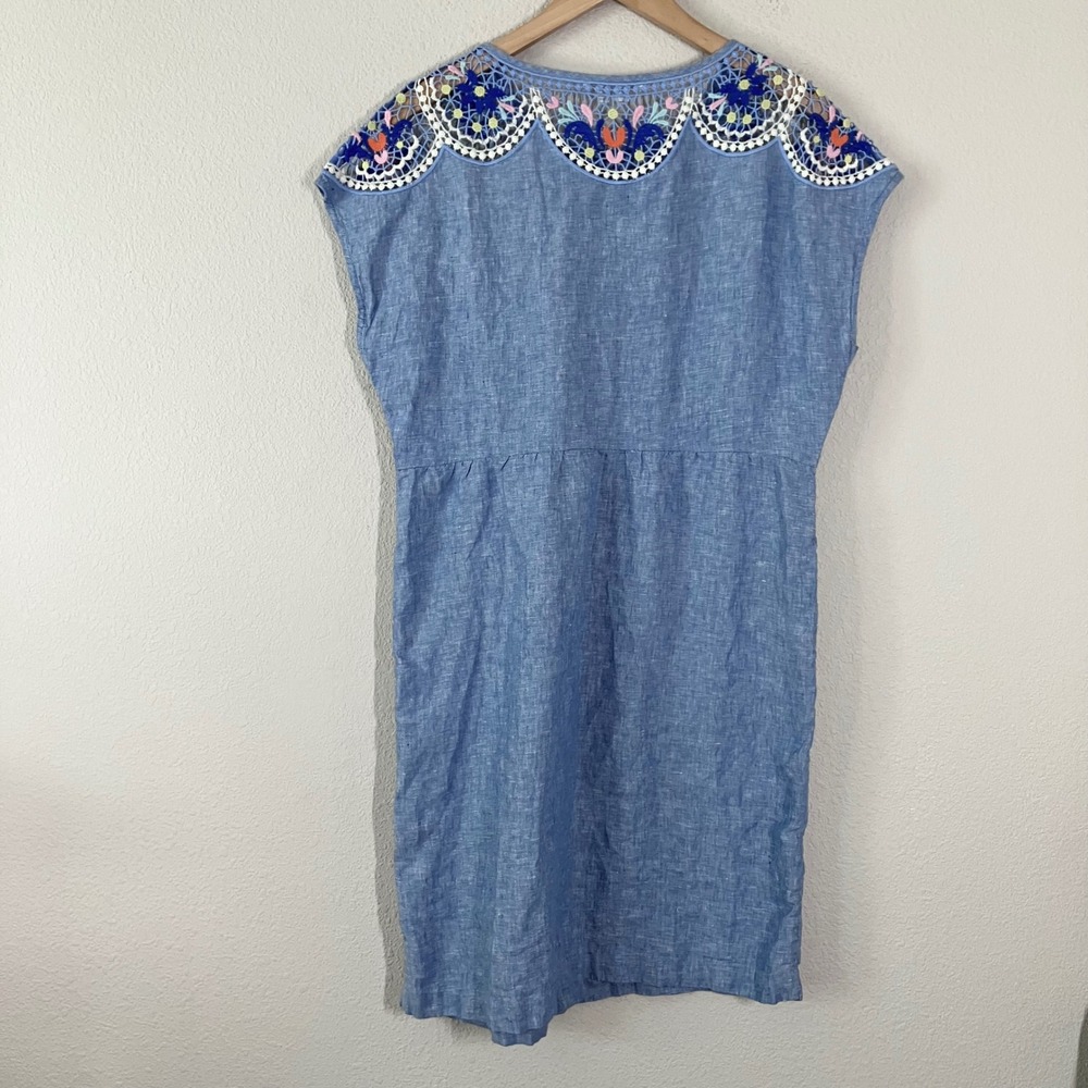 BODEN Linen Dress 10R Embroidered Crochet Lace Boho Shift Blue Summer Floral - Picture 10 of 10